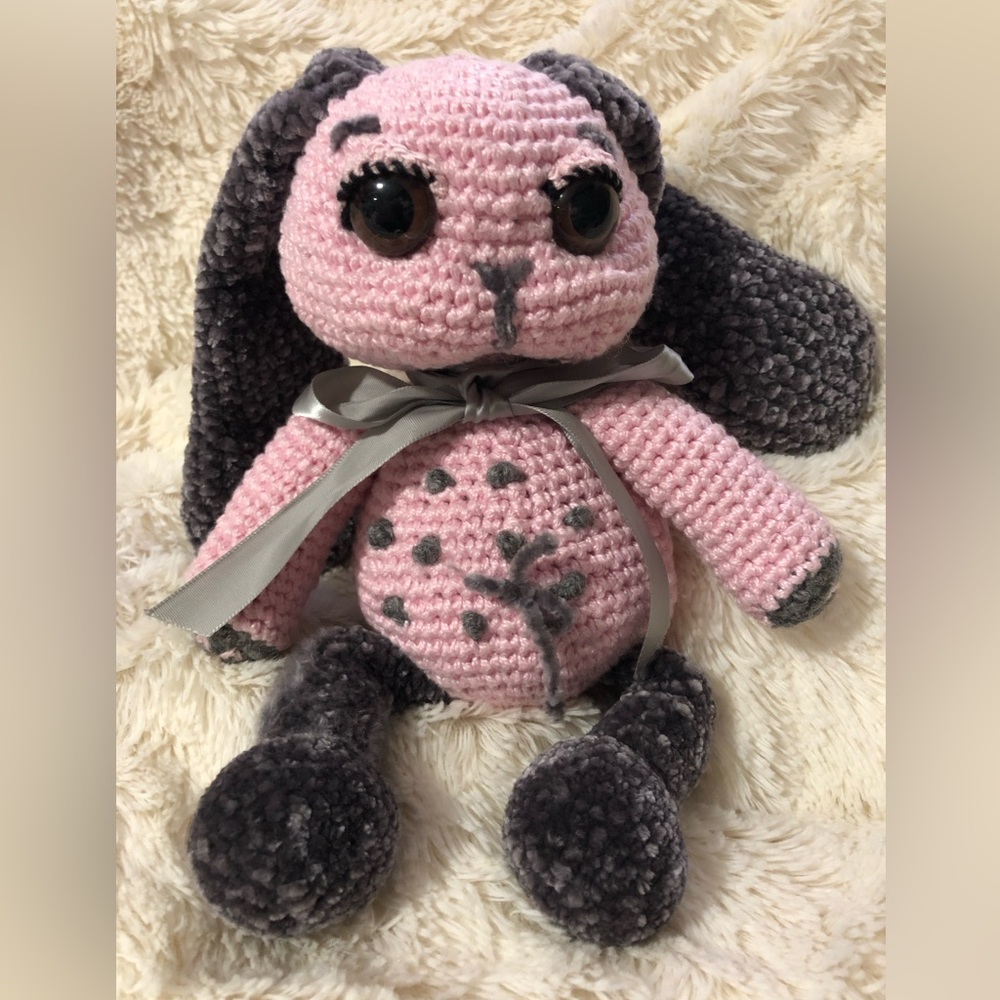 NEW Handmade Crochet Amigurumi Stuffed Toy Plush Puppy Dog Pink & Grey With Bow